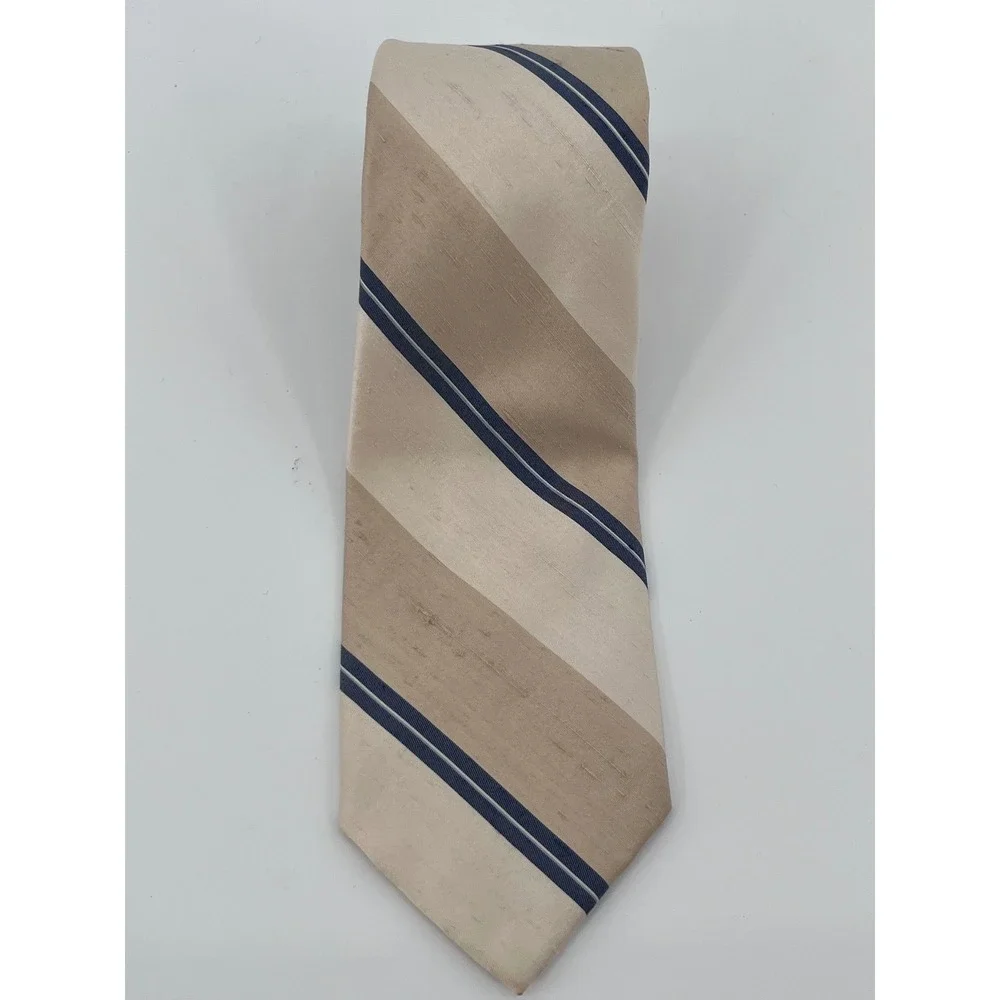 Robert Talbott Dick Bruhn Mens Silk Tie Beige Navy Blue Striped Hand Sewn USA